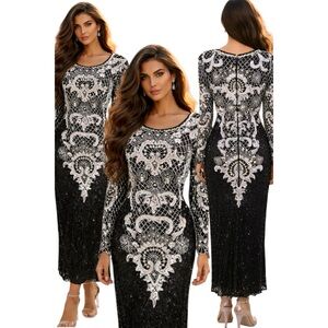 Vintage Y2K Silk Sequin Beaded Long Sleeve Maxi Dress